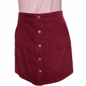 Burgundy corduroy button front skirt, new mini